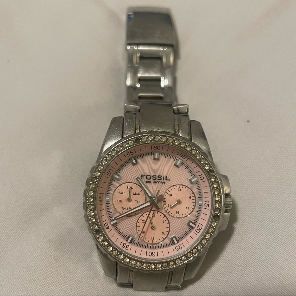 Fossil Women's Silver Watch with Pink Dial and Crystal Accents - Picture 4 of 7